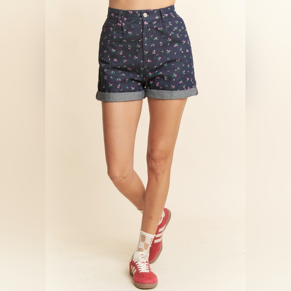 DAVI & DANI Ditsy Floral High Waisted Denim Shorts - Cuffed Dark Wash